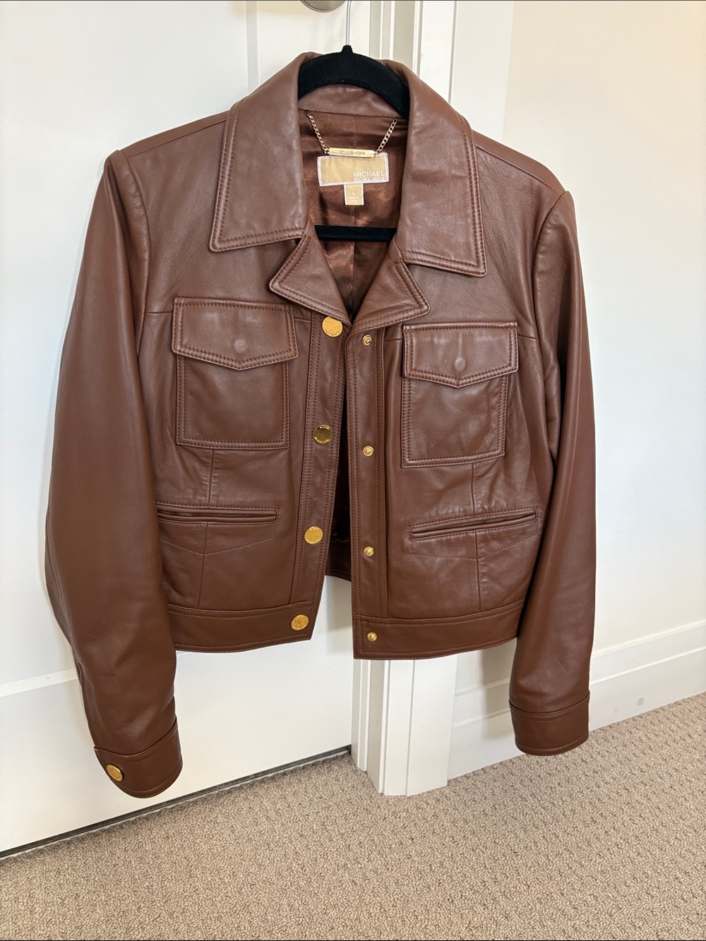 Michael Kors Brown Leather Bomber Jacket with Gold Buttons